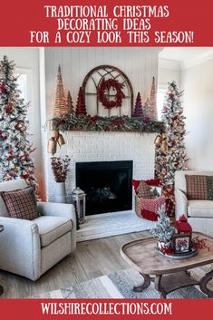 a living room decorated for christmas with red and white decorations