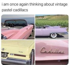 four pictures of old cars with the caption saying, i am once again thinking about vintage pastel cadillacs