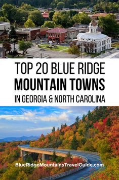 the top 20 blue ridge mountain towns in georgia and north carolina with text overlay