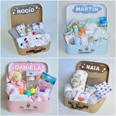 four pictures of various baby items in suitcases with names and numbers on the side