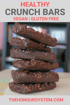 chocolate bars stacked on top of each other with text overlay reading healthy crunch bars vegan gluten free