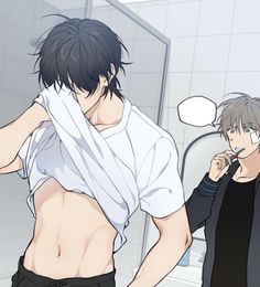 an anime scene with two men in the bathroom one is brushing his teeth and the other is looking at himself