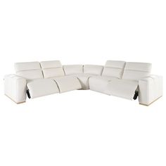 a white leather sectional sofa with two reclinings on the back and one arm