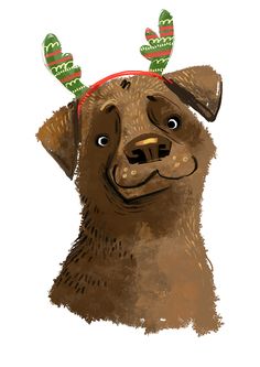 a brown dog with antlers on its head wearing a red and green christmas hat