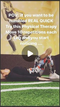 a woman laying on top of a field next to a football field with the words pov if you want to be rumbleed real quick try this physical therapy move 10