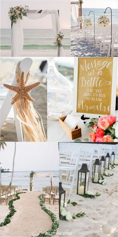 a collage of photos with chairs and flowers on the beach in front of the ocean