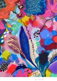 an abstract painting with colorful flowers and leaves