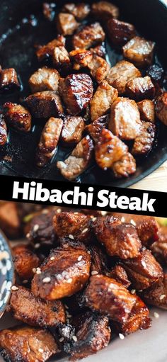 two pictures of meat cooking in a skillet with the words hibacchi steak