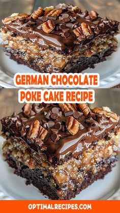 german chocolate poke cake recipe on a white plate