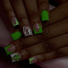 Lime Green Birthday Nails, Lime Green And Silver Nails, Green Nail Set Ideas, Unique Green Nails, Neon Green Short Nails, White And Green Nail Designs, Lime Green Nails Short