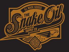 the snake oil supply logo is shown in gold and black on a dark background,