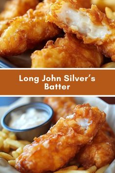 two pictures of chicken wings and french fries with ranch dressing on the side, along with text overlay that reads long john silver's batter