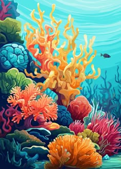 an underwater scene with corals and seaweed