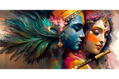 radha krishna painting with peacock feather and krishna flute Krishna Wall Painting, Radha Krishna Modern Art, Home Vastu, Radha Krishna Painting, Canvas For Living Room, Indian Contemporary Art, Rama Krishna, Horizontal Painting, Abstract Wall Art Painting