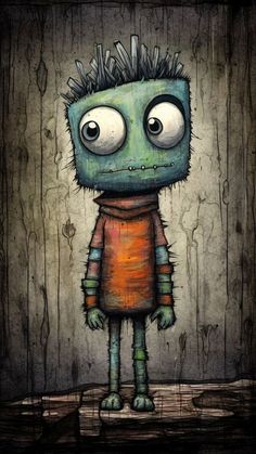 a drawing of a cartoon character with big eyes and spiked hair standing in front of a wooden wall