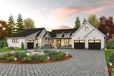 this is an artist's rendering of the front of a house with driveway and landscaping