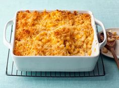 a casserole dish with macaroni and cheese