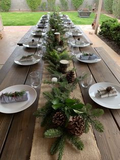 a long table with pine cones and greenery is set up for an outdoor dinner