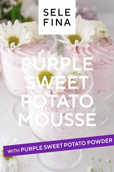 purple sweet potato mousse with purple sweet potato powder and white daisies on top