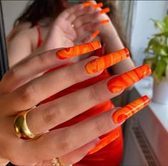 Orange Acrylic Nails, Nail Design Glitter, Orange Nail, Marble Nails, Acrylic Nails Coffin, Orange Nails