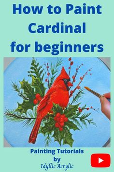 a red bird sitting on top of a green plant with berries and pine cones painted on it