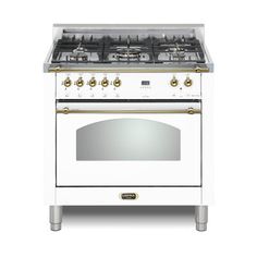 a silver stove with two burners and gold trimmings on the top, in front of a white background