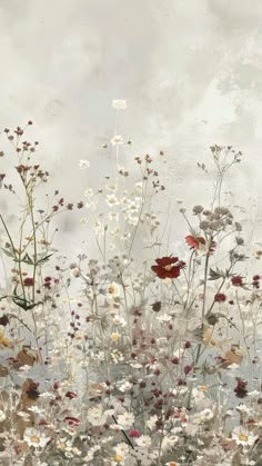 an image of flowers in the grass with sky background and watercolor effect on paper