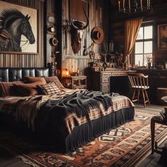 a bedroom with a horse head on the wall and an old fashioned bed in it