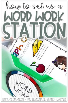 a book cover with the title how to set up a word work station in it