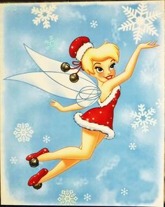 a painting of a tinker bell fairy flying through the air with snowflakes