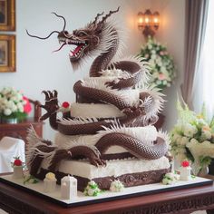 a three tiered cake with dragon decorations on top