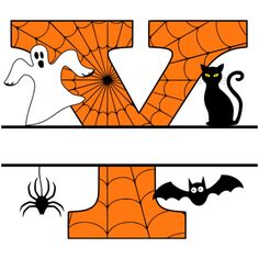 the letter v is decorated with bats, spider webs and black cats for halloween