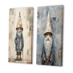 two paintings of gnomes with hats on each one and the other in different poses