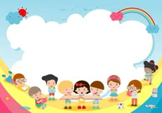 children are reading books on the beach with clouds and rainbows in the sky behind them