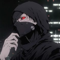 an anime character with red eyes wearing a black mask and holding a cell phone to his ear