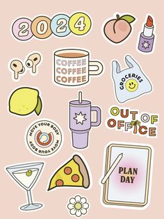 various stickers on a pink background with the words coffee, donuts, and other items