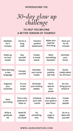 a pin for a blog post that talks about a 30-Day Glow Up Challenge Glow Up Challenge, Motivasi Diet, Self Care Bullet Journal, Day Glow, Get My Life Together, Bettering Myself, Glow Up Tips, Self Care Activities