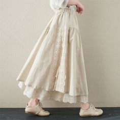 Spring Retro Linen Floral Hollow Embroidery Skirt Jan 2022 New Arrival M Beige Comfy Skirt, Embroidery Skirt, Linen Layers, Mori Girl Fashion, Mode Abaya, Rock Outfit, Linen Style, Mori Girl, Linen Skirt