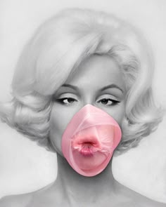 a drawing of a woman with a pink bubble in front of her face and nose