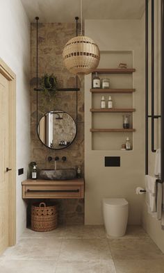 a bathroom with a sink, toilet and shelves on the wall next to each other