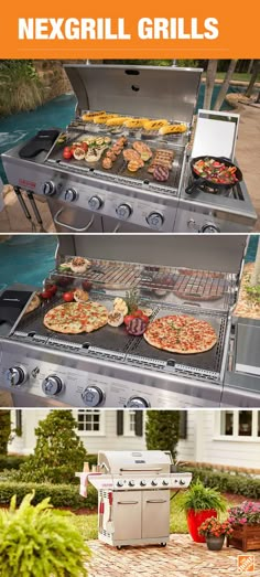 an outdoor bbq grill with pizzas and other food items on it, along with the words nexgril grills