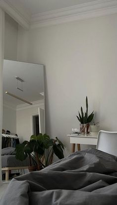 a bedroom with a bed, mirror and plant in the corner on the wall next to it