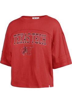 Let everyone know who you root for in this Texas Tech Red Raiders Red Stevie Short Sleeve T-Shirt! This Texas Tech Short Sleeve Tee features a screen print team name and logo on center chest. Cropped, Straight bottom hem, Short sleeve, Crew neck, 100% COTTON, 4 University Red Crew Neck Fan Apparel Top, University Red Crew Neck Tops For Fans, University Red Crew Neck Top For Fan Gear, Red Relaxed Fit Top With Letter Print, Red Tops For Sports With Team Spirit Style, Red Fan Apparel Tops, Red Fan Apparel Top For Merchandise, Red Sporty Tops For College, Red Graphic Print Tops For College