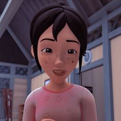 an animated girl with black hair and stars on her face, holding a pink object