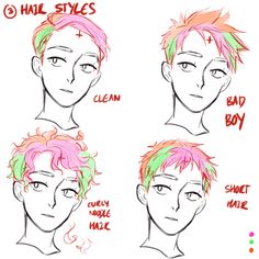 four different styles of hair for boys with short hair and pink, green, yellow and red