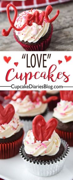 chocolate cupcakes with white frosting and red sprinkles on top