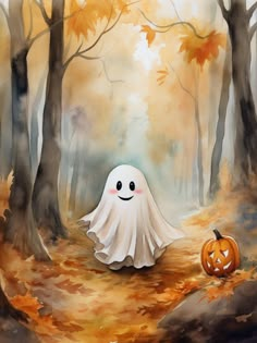 a painting of a ghost in the woods with a jack - o'- lantern