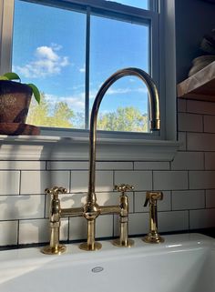 a white sink sitting under a window next to a faucet and potted plant