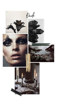 a collage of black and white images with candles, flowers, and other items