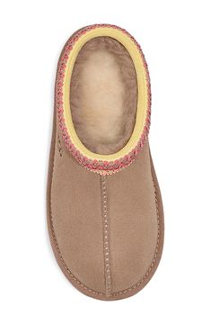 Pink Tasman Uggs, Sunburst Logo, Slippers For Kids, Embroidered Slippers, Pink Uggs, Pink Stitch, Ugg Tasman, Geometric Embroidery, Suede Slippers